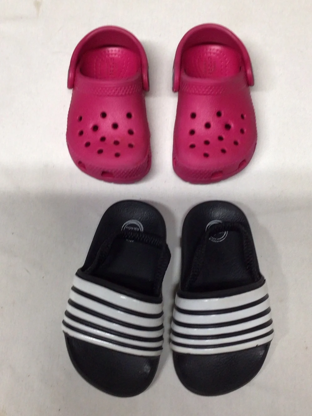 CROCS Kids Hot Pink Clogs & Black White Striped Slides Combo